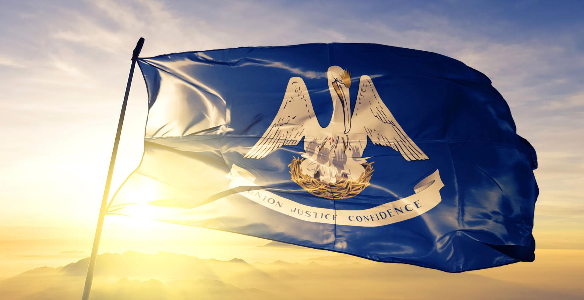 Priorities for Louisiana Louisiana state flag with pelican feeding young and “Union Justice Confidence” text